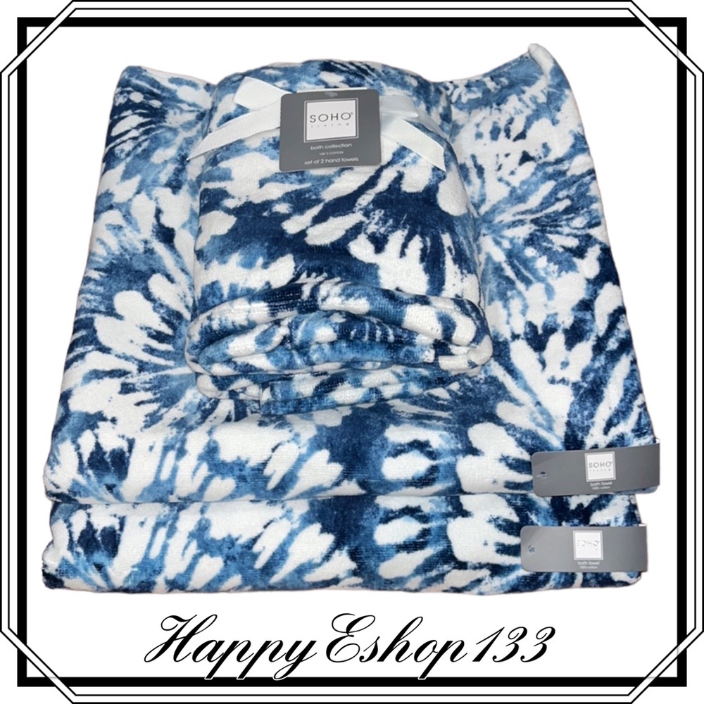 SOHO Living 100% Cotton Beautiful Blue White Floral Towel Set 4-Piece Bath Hand